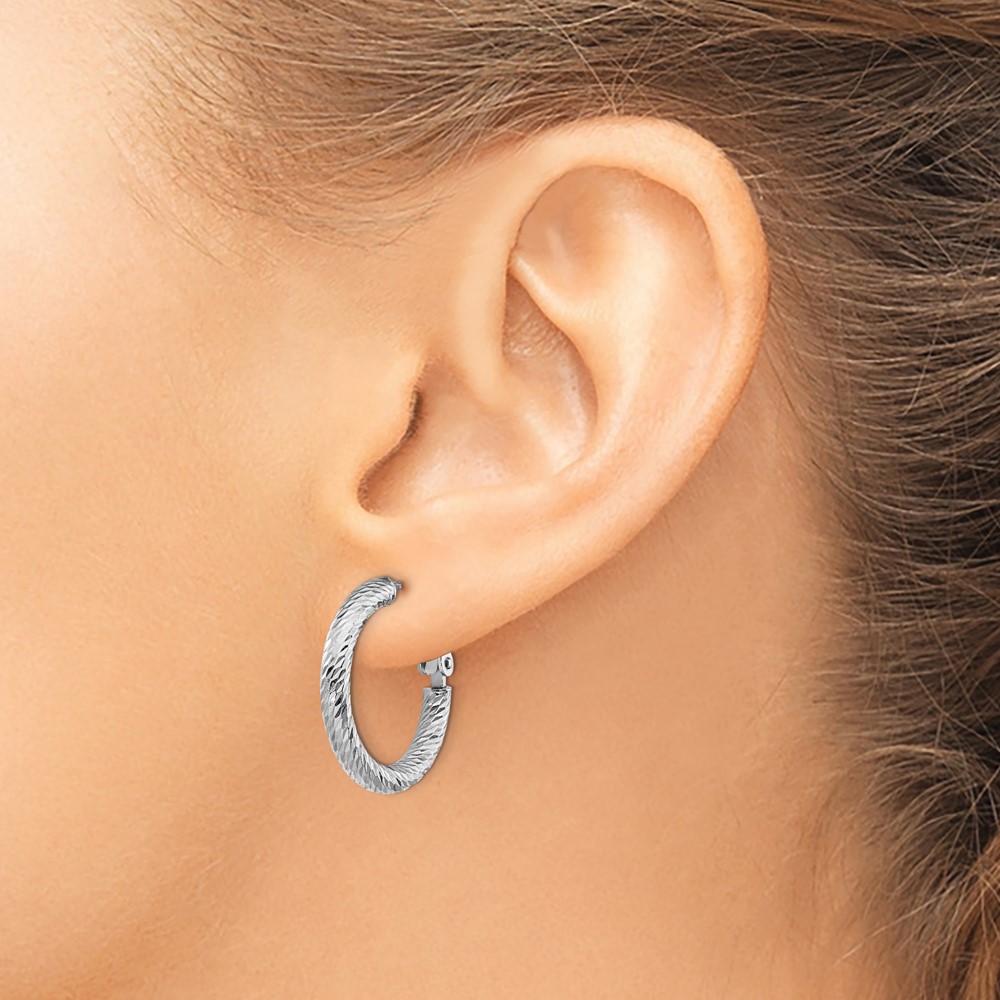 14k 3x15mm White Gold Diamond-cut Round Omega Back Hoop Earrings (PRE938W)