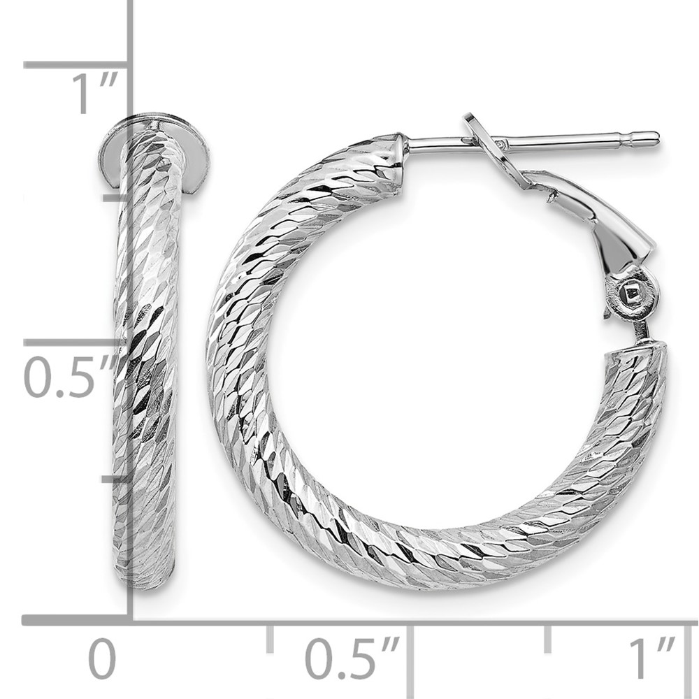 14k 3x15mm White Gold Diamond-cut Round Omega Back Hoop Earrings (PRE938W)