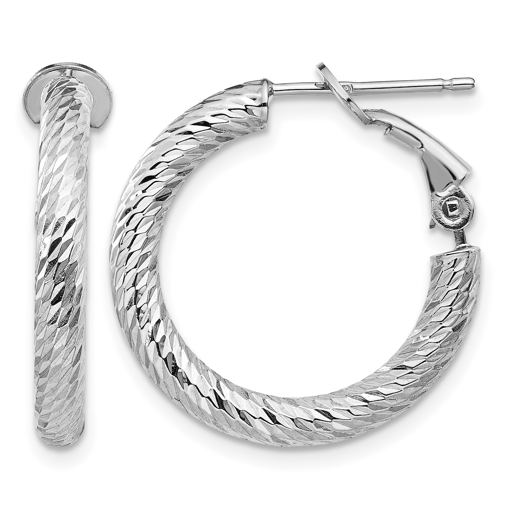 14k 3x15mm White Gold Diamond-cut Round Omega Back Hoop Earrings (PRE938W)
