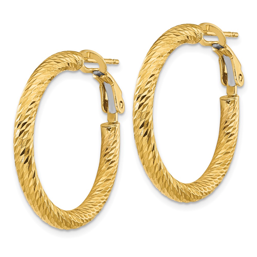 14k 3x20mm Diamond-cut Round Omega Back Hoop Earrings (PRE939)