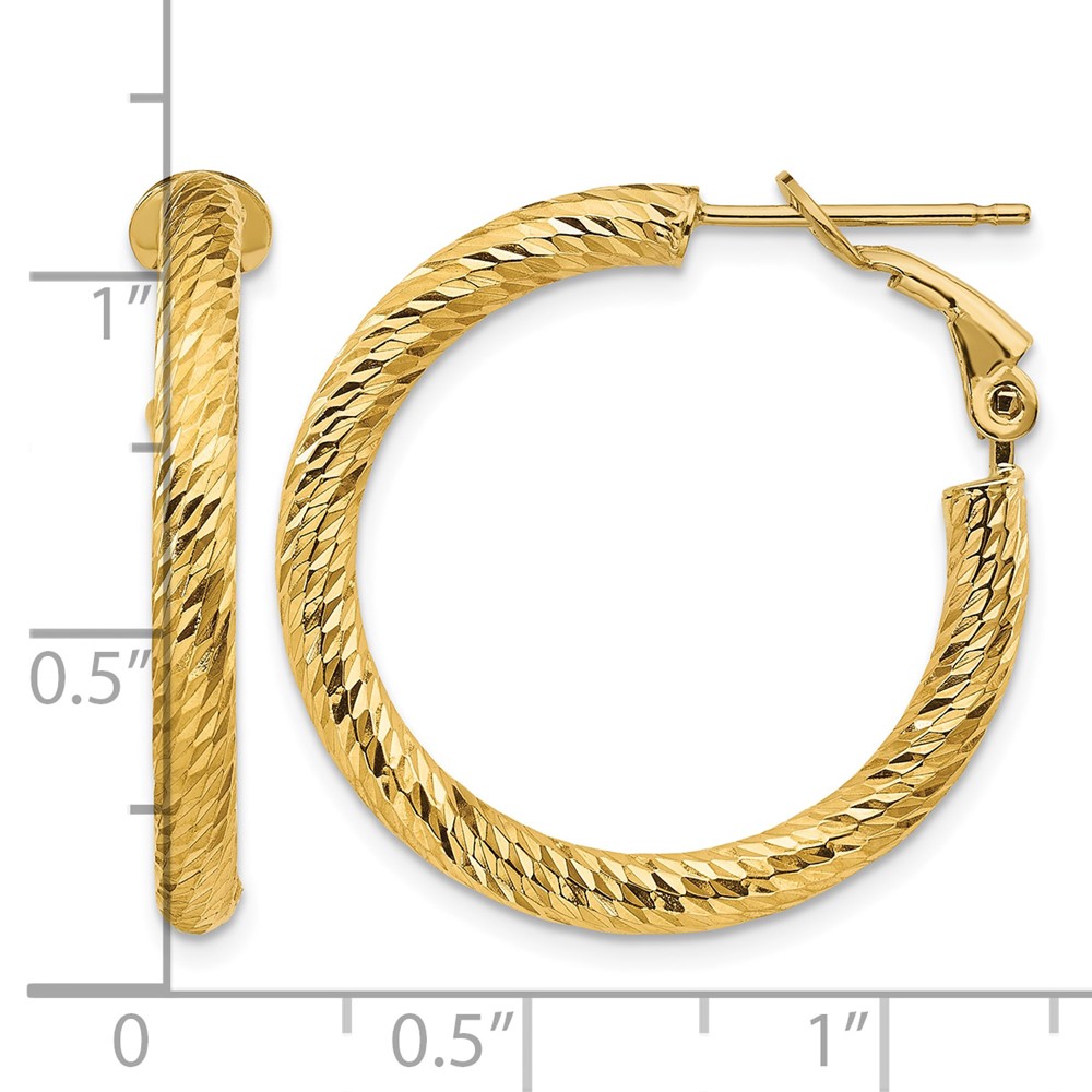 14k 3x20mm Diamond-cut Round Omega Back Hoop Earrings (PRE939)