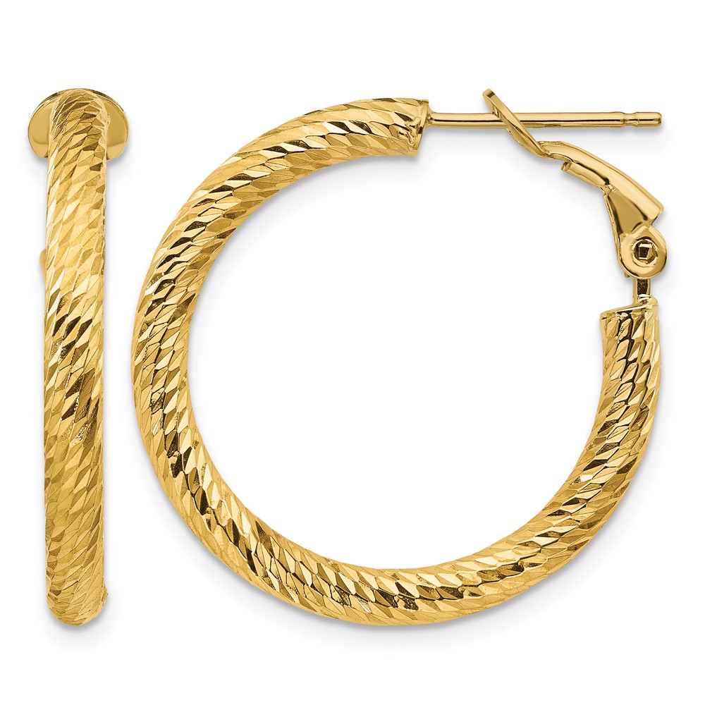 14k 3x20mm Diamond-cut Round Omega Back Hoop Earrings (PRE939)