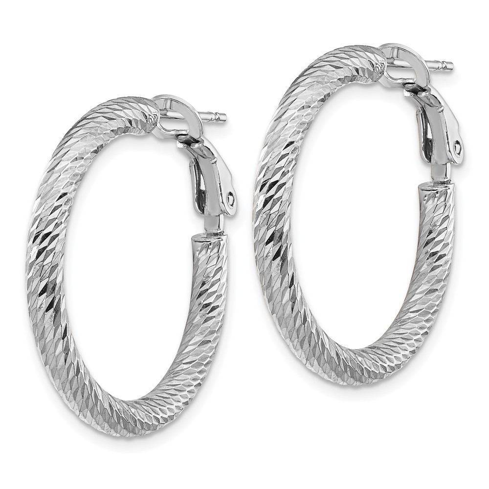 14k 3x20mm White Gold Diamond-cut Round Omega Back Hoop Earrings (PRE939W)