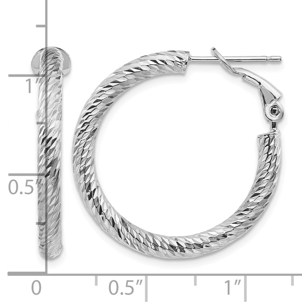 14k 3x20mm White Gold Diamond-cut Round Omega Back Hoop Earrings (PRE939W)