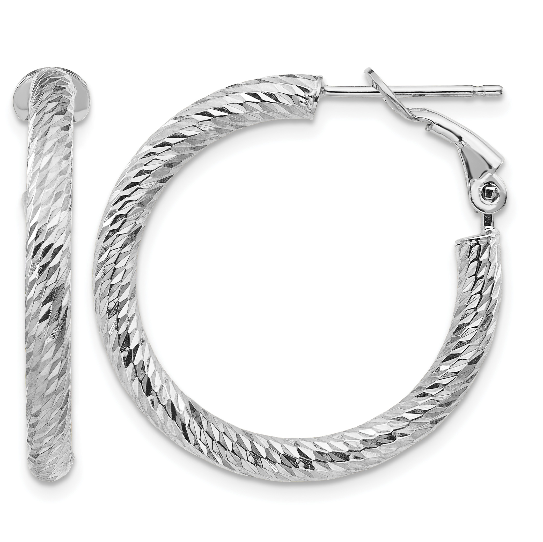 14k 3x20mm White Gold Diamond-cut Round Omega Back Hoop Earrings (PRE939W)