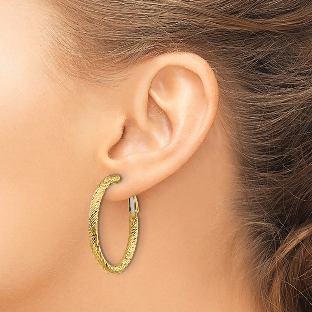 14k 3x25mm Diamond-cut Round Omega Back Hoop Earrings (PRE940)