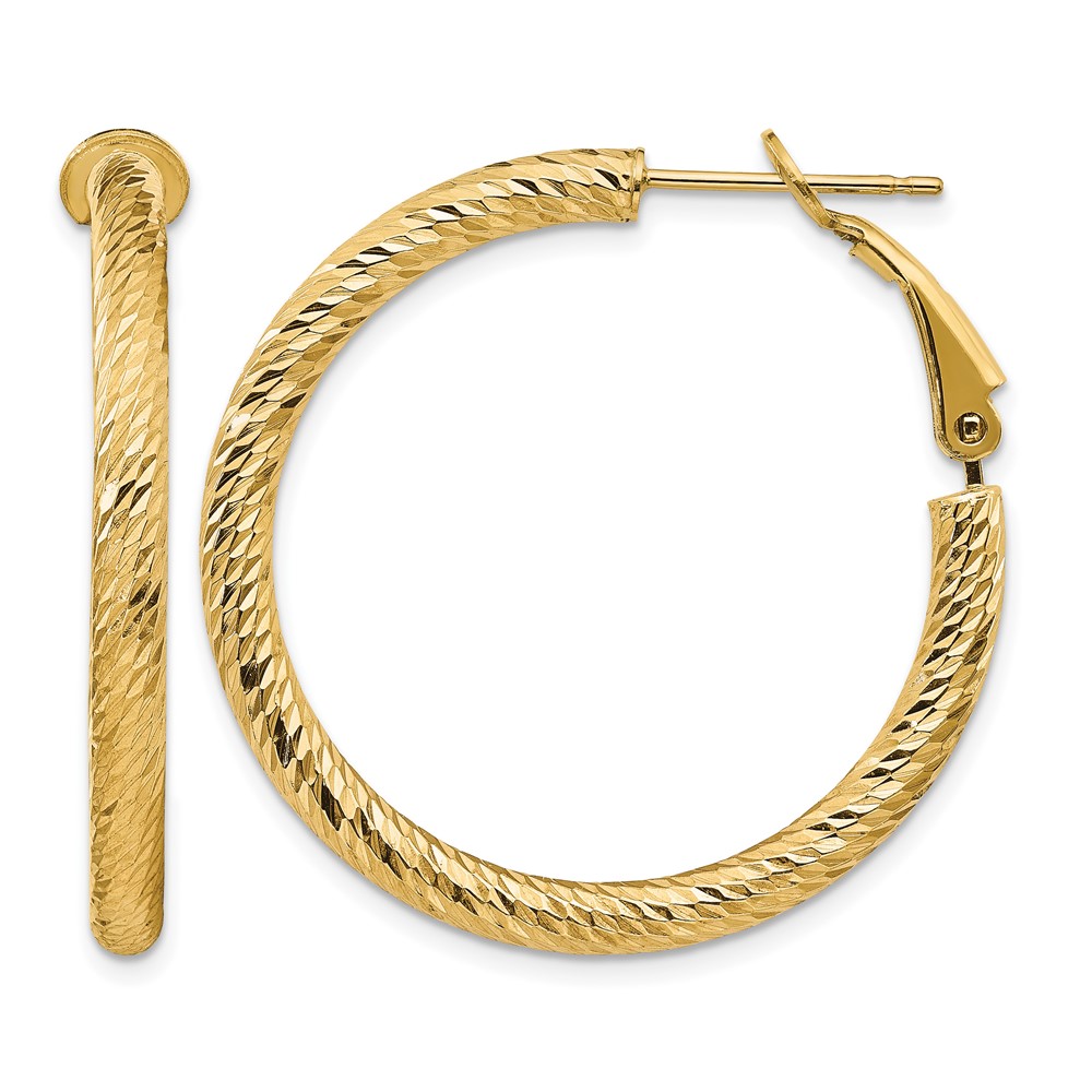 14k 3x25mm Diamond-cut Round Omega Back Hoop Earrings (PRE940)