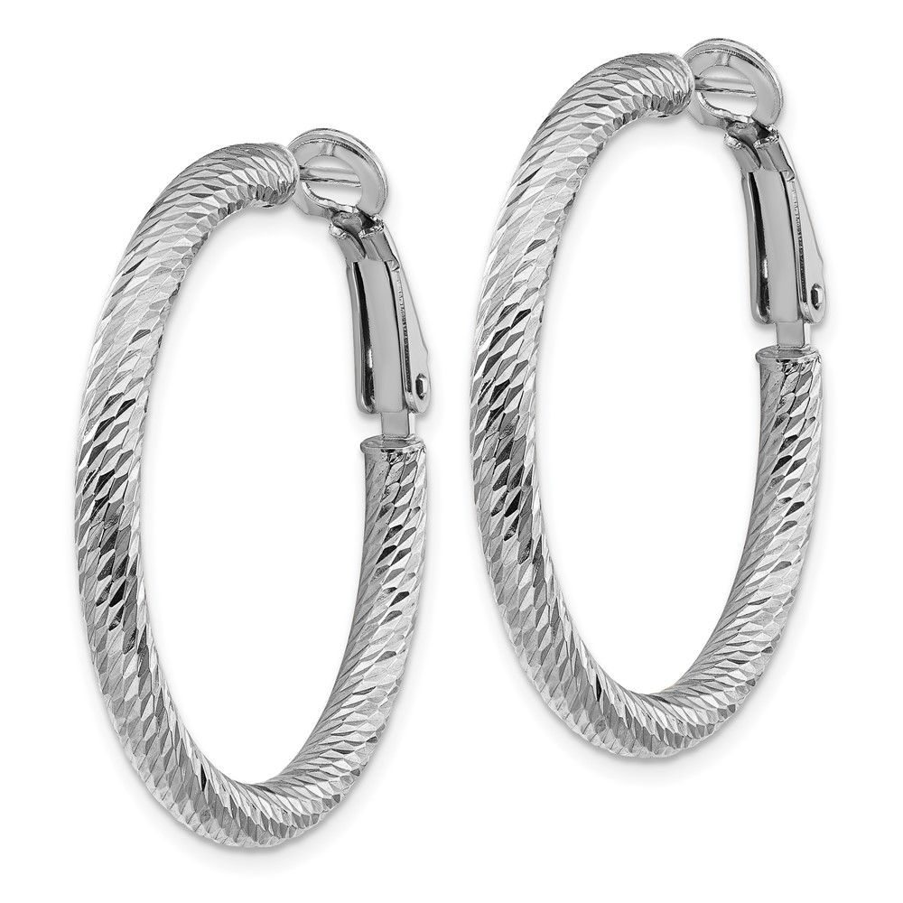 14k 3x25mm White Gold Diamond-cut Round Omega Back Hoop Earrings (PRE940W)