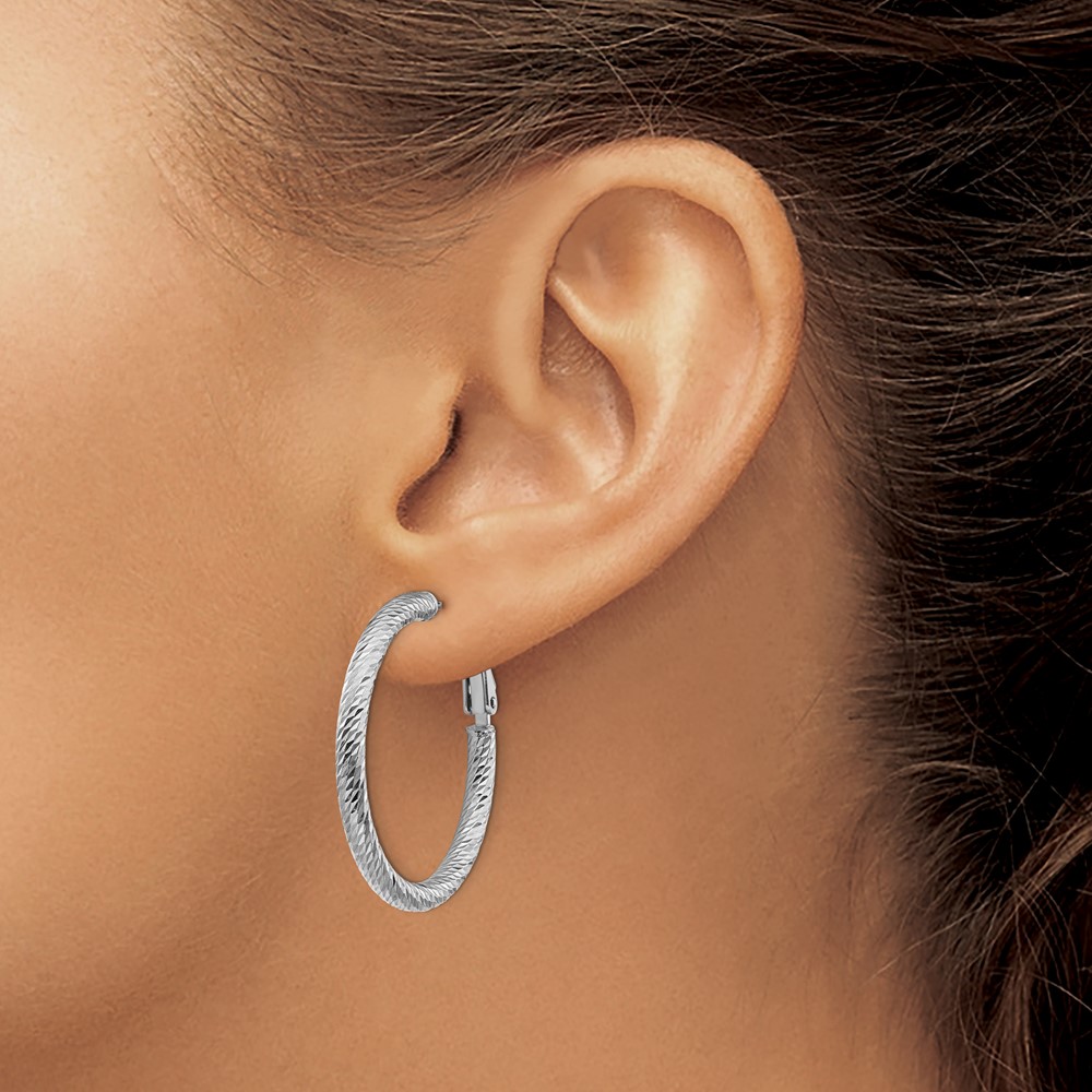 14k 3x25mm White Gold Diamond-cut Round Omega Back Hoop Earrings (PRE940W)