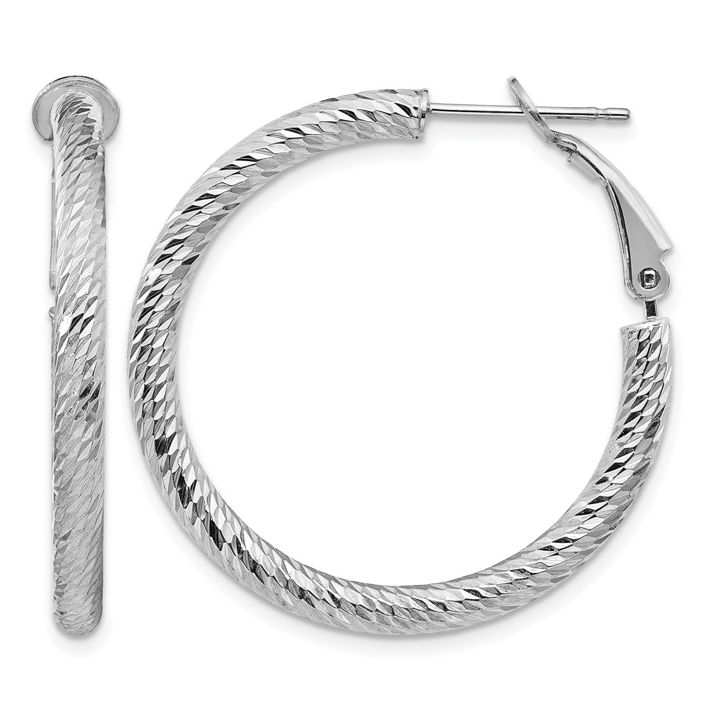 14k 3x25mm White Gold Diamond-cut Round Omega Back Hoop Earrings (PRE940W)