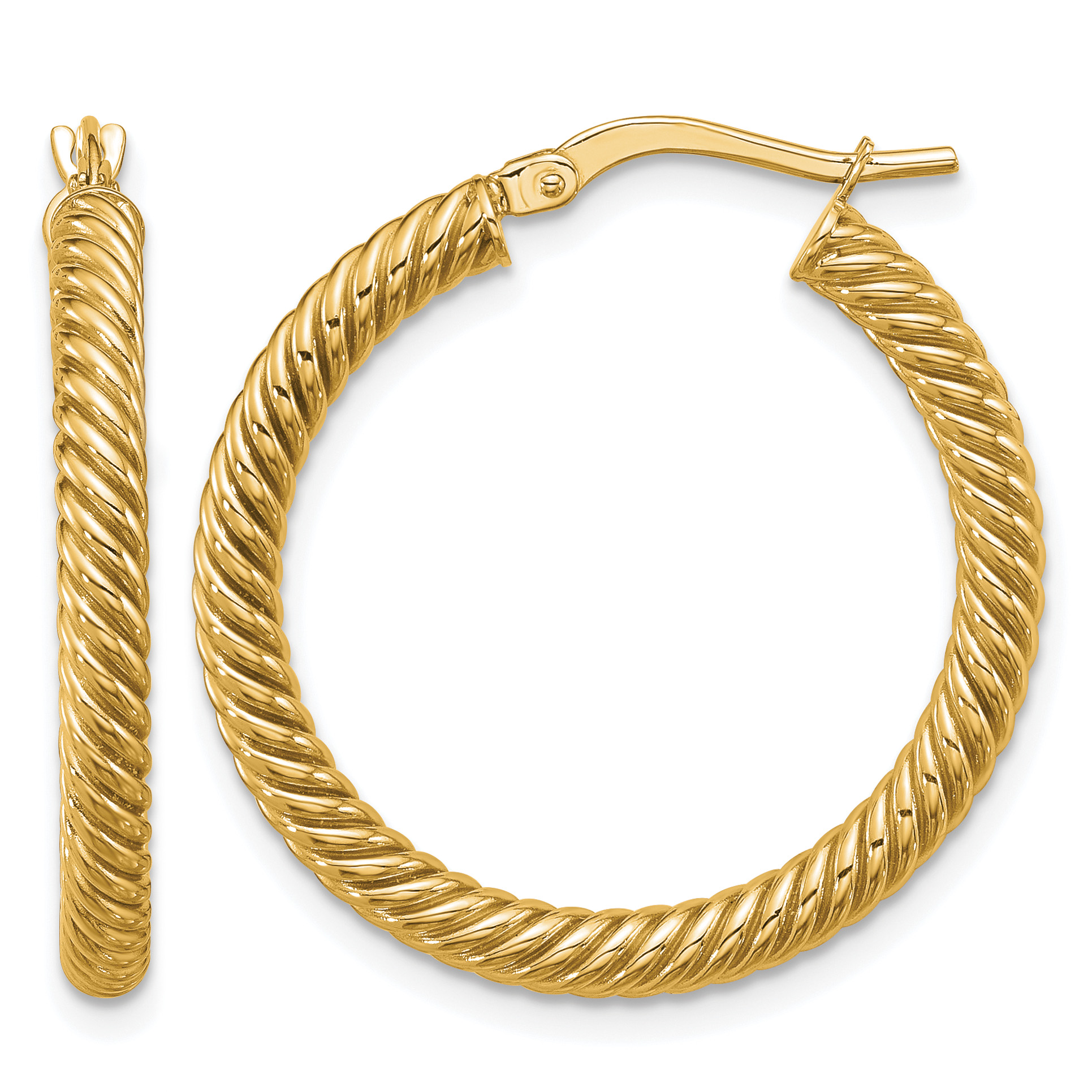 14k 3x20mm Twisted Round Hoop Earrings (PRE943)