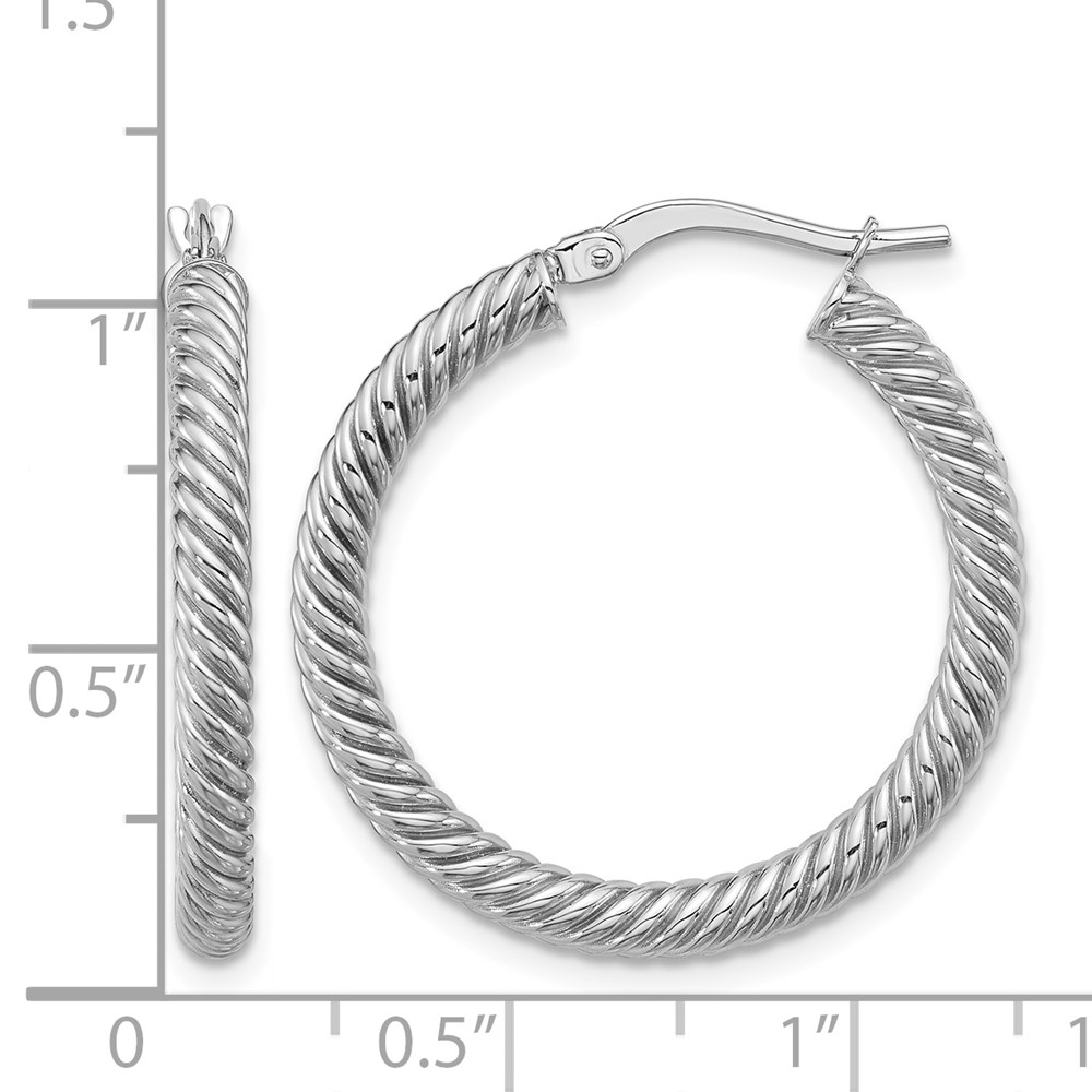 14k 3x20mm White Gold Twisted Round Hoop Earrings (PRE943W)
