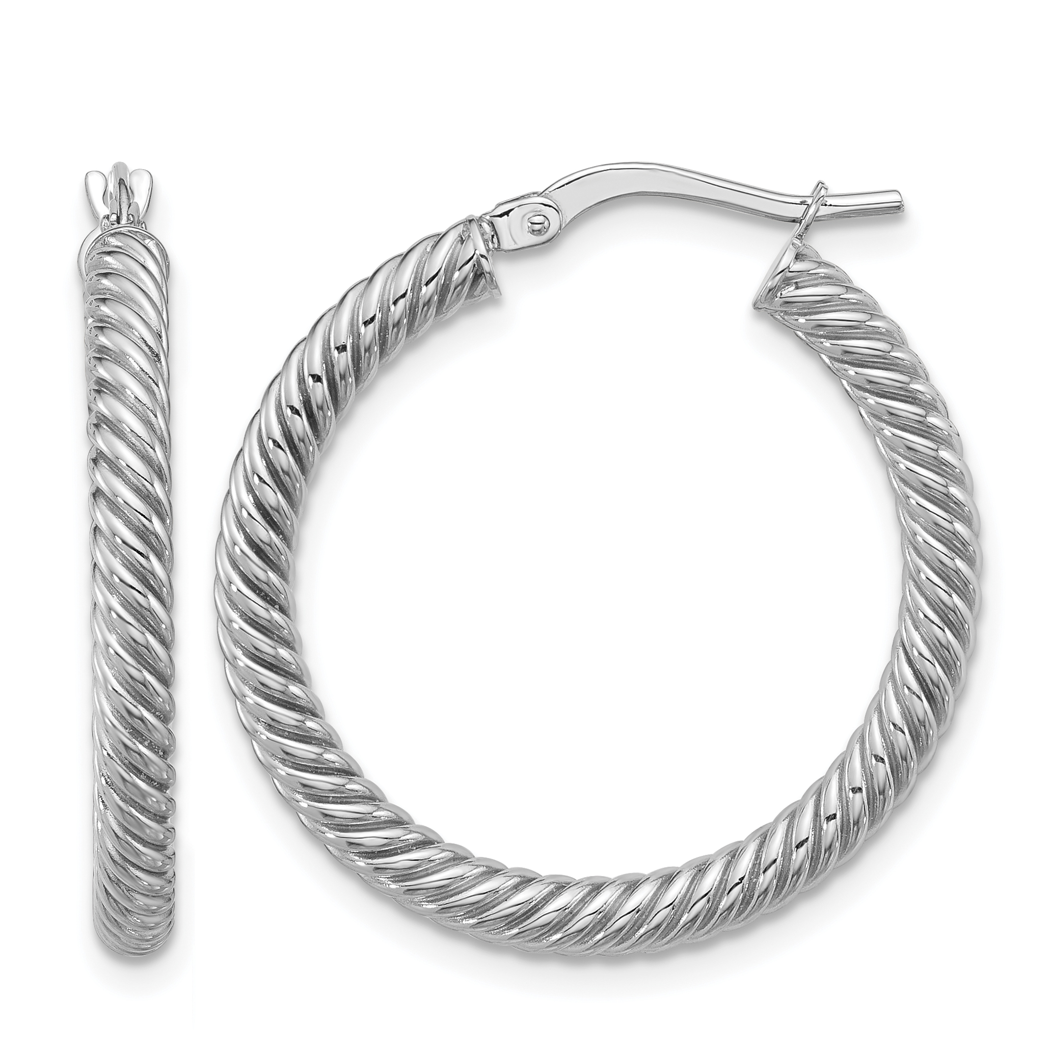 14k 3x20mm White Gold Twisted Round Hoop Earrings (PRE943W)