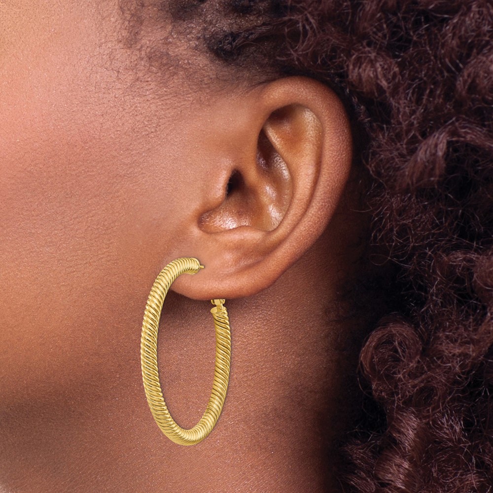 14k 4x35mm Twisted Round Omega Back Hoop Earrings (PRE951)