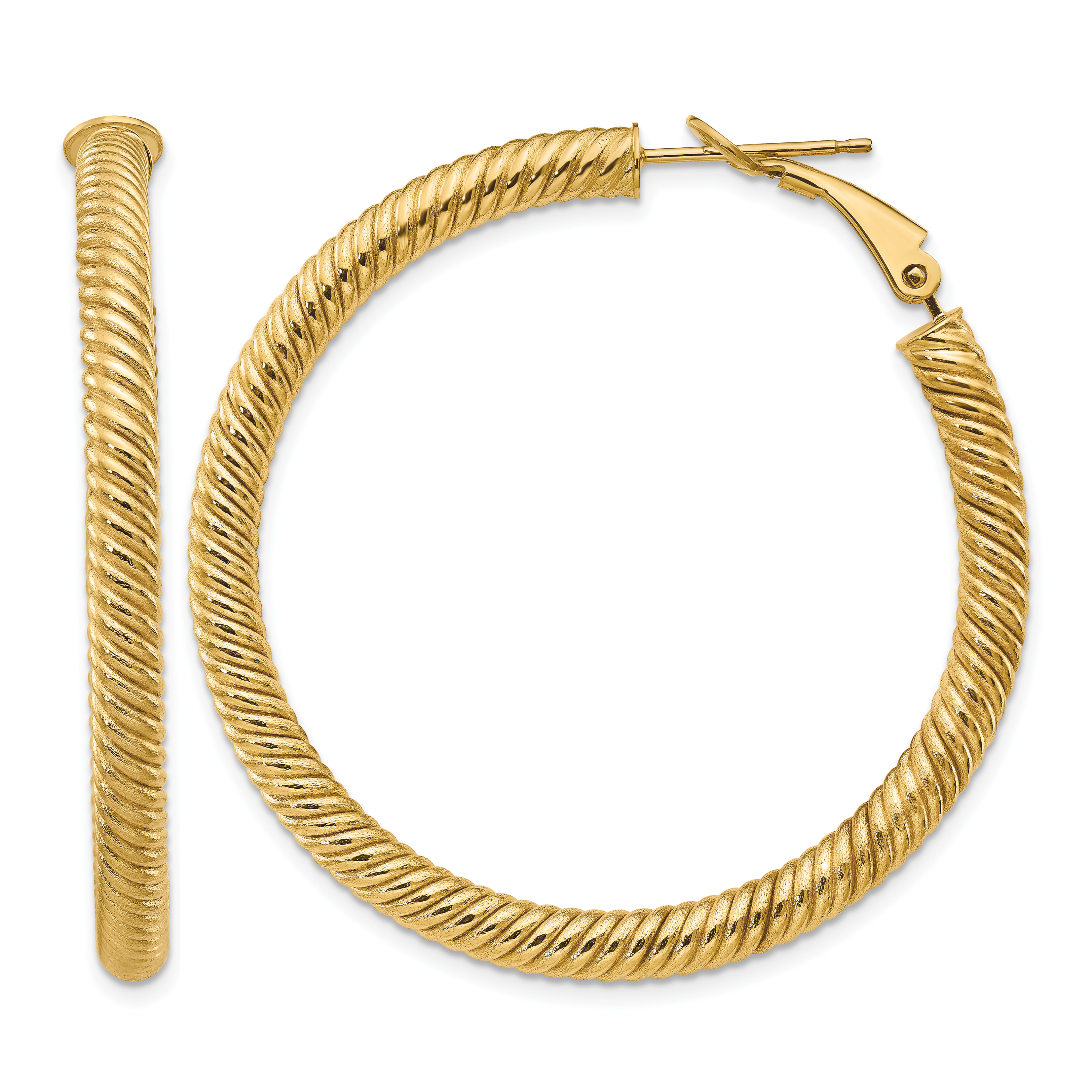 14k 4x35mm Twisted Round Omega Back Hoop Earrings (PRE951)