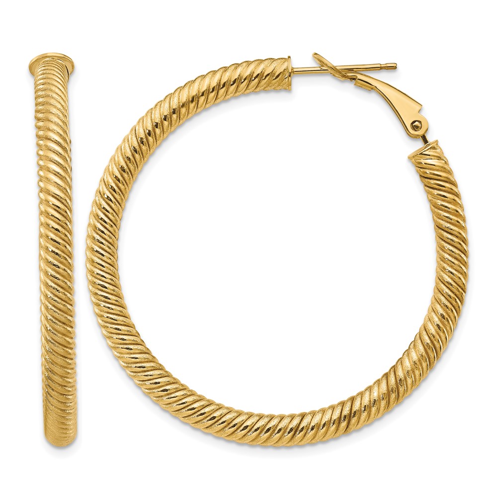 14k 4x35mm Twisted Round Omega Back Hoop Earrings (PRE951)