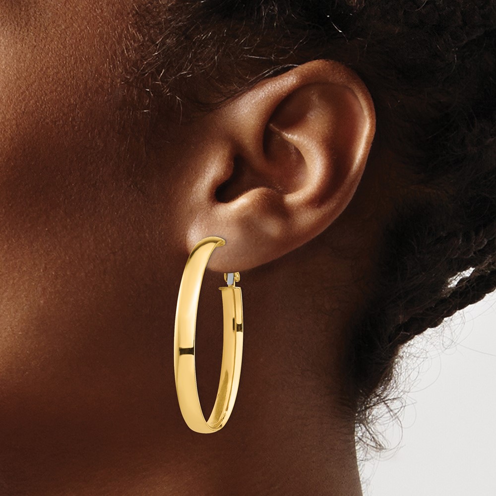 14k High Polished 5mm Oval Omega Back Hoop Earrings (PRE960)