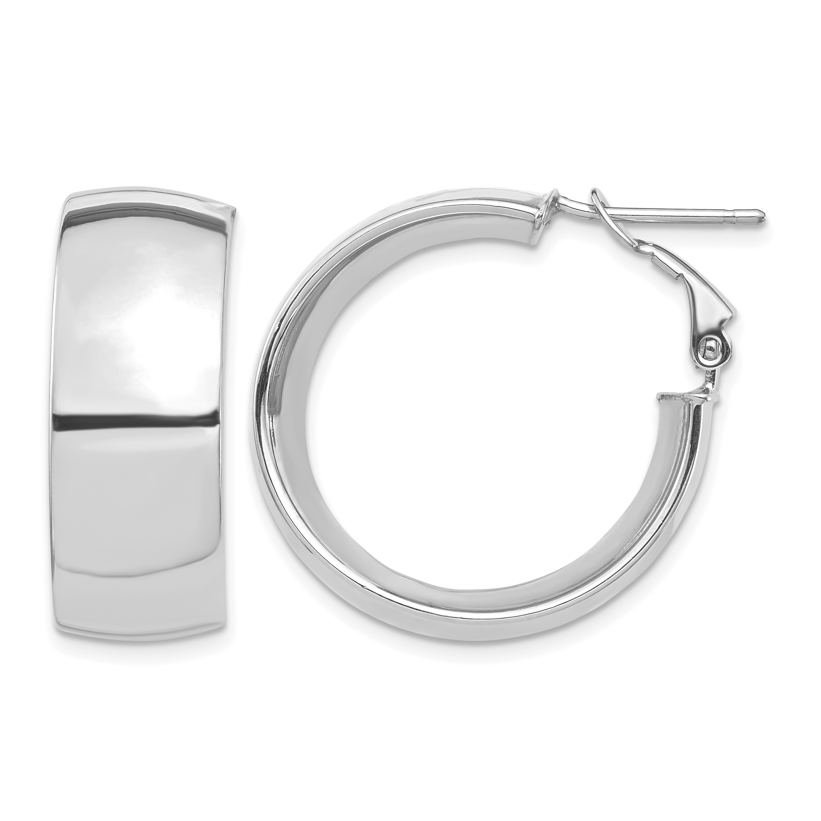 14k White Gold High Polished 10mm Omega Back Hoop Earrings (PRE969W)