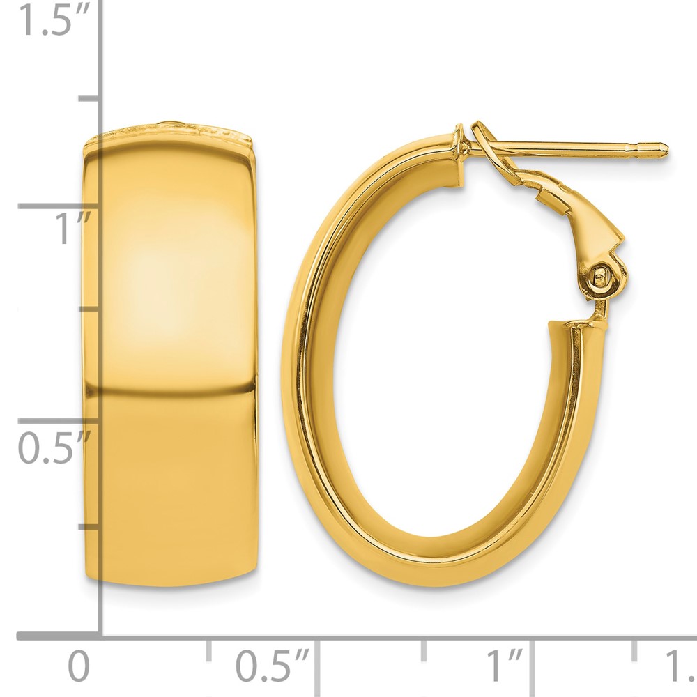 14k High Polished 10mm Omega Back Oval Hoop Earrings (PRE972)
