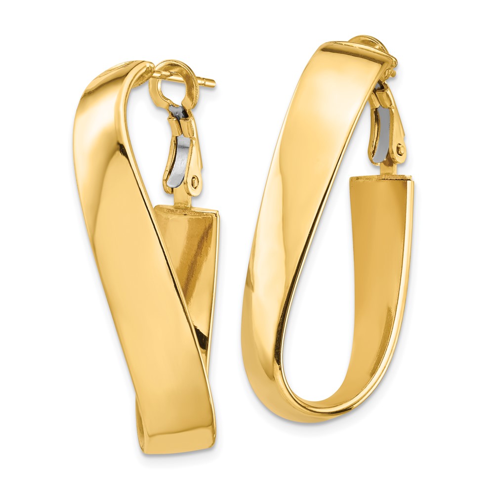 14k High Polished 7mm Wavy Oval Omega Back Hoop Earrings (PRE992)
