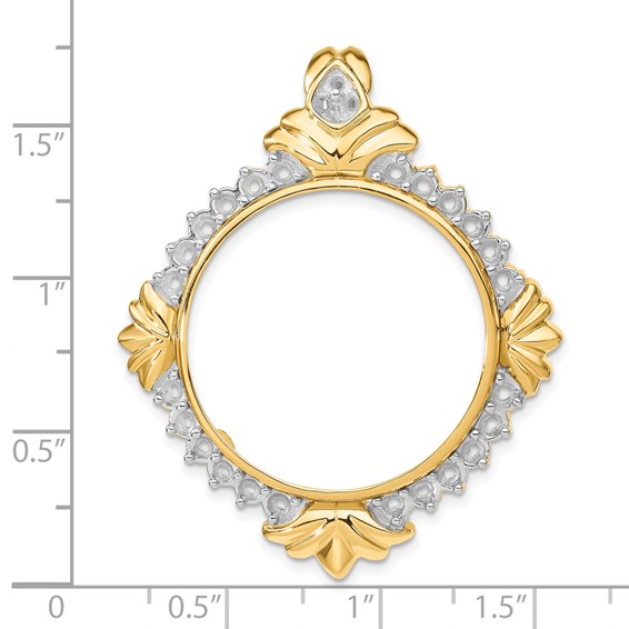 Wideband Distinguished Coin Jewelry 14k with White Rhodium Polished Fancy Diamond 27.0mm Prong Coin Bezel Chain Slide Pendant Mounting