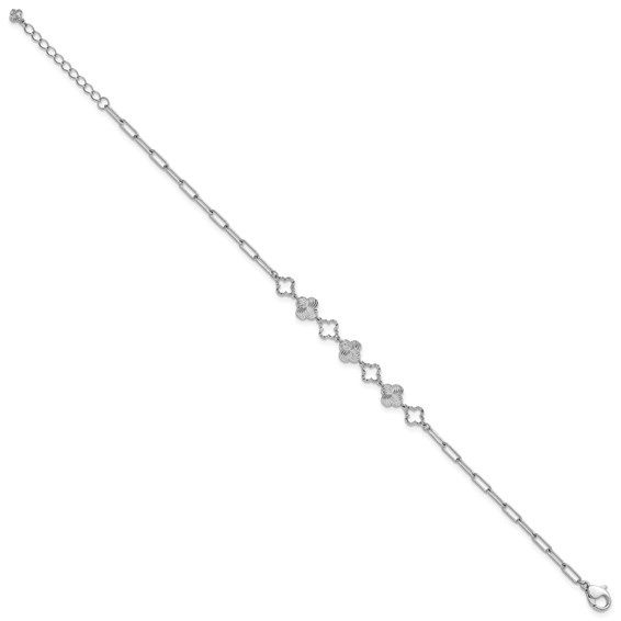 Herco Platinum Polished Diamond-cut Flower Paperclip Link 7 Inch with 1 Inch Extension Bracelet