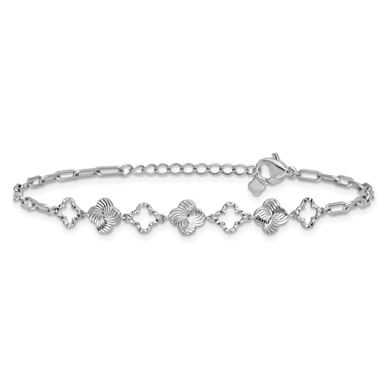 Herco Platinum Polished Diamond-cut Flower Paperclip Link 7 Inch with 1 Inch Extension Bracelet
