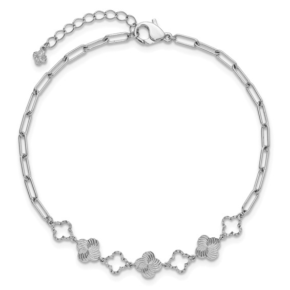 Herco Platinum Polished Diamond-cut Flower Paperclip Link 7 Inch with 1 Inch Extension Bracelet