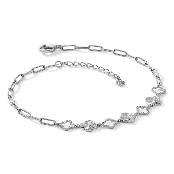 Herco Platinum Polished Diamond-cut Flower Paperclip Link 7 Inch with 1 Inch Extension Bracelet