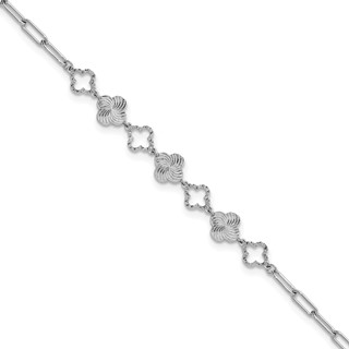 Herco Platinum Polished Diamond-cut Flower Paperclip Link 7 Inch with 1 Inch Extension Bracelet