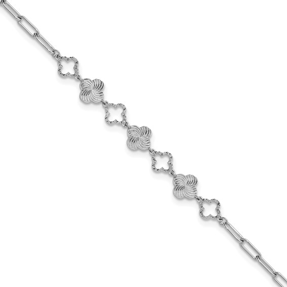 Herco Platinum Polished Diamond-cut Flower Paperclip Link 7 Inch with 1 Inch Extension Bracelet