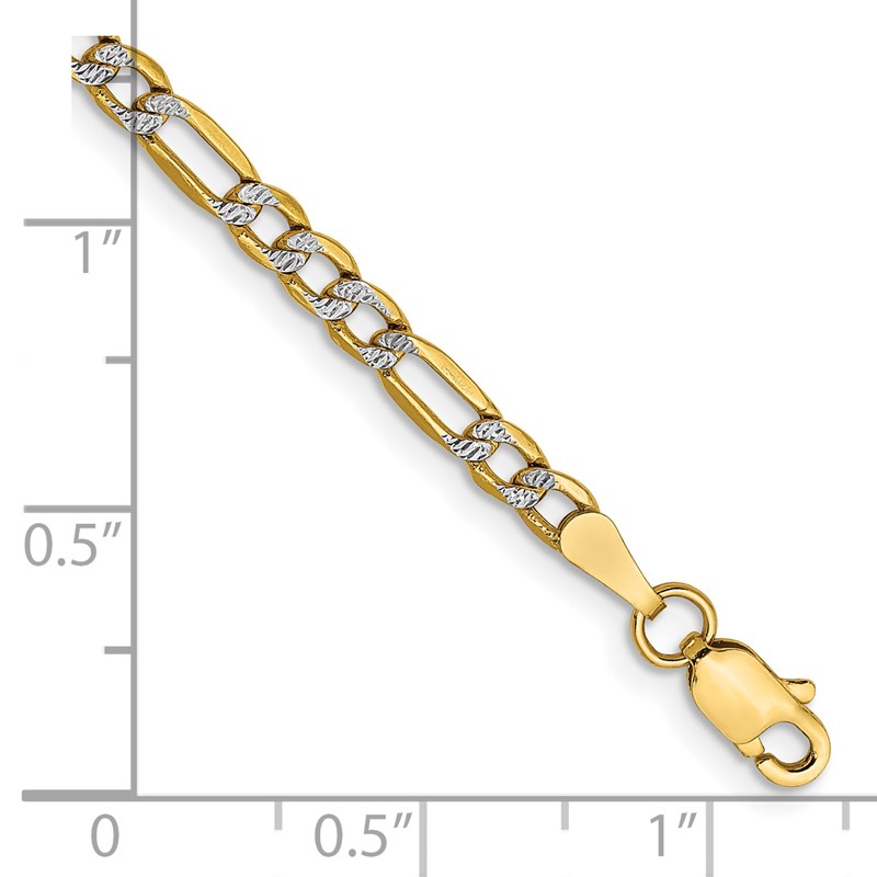14K 8 inch 3.2mm Semi-Solid with Rhodium Pav Figaro with Lobster Clasp Bracelet