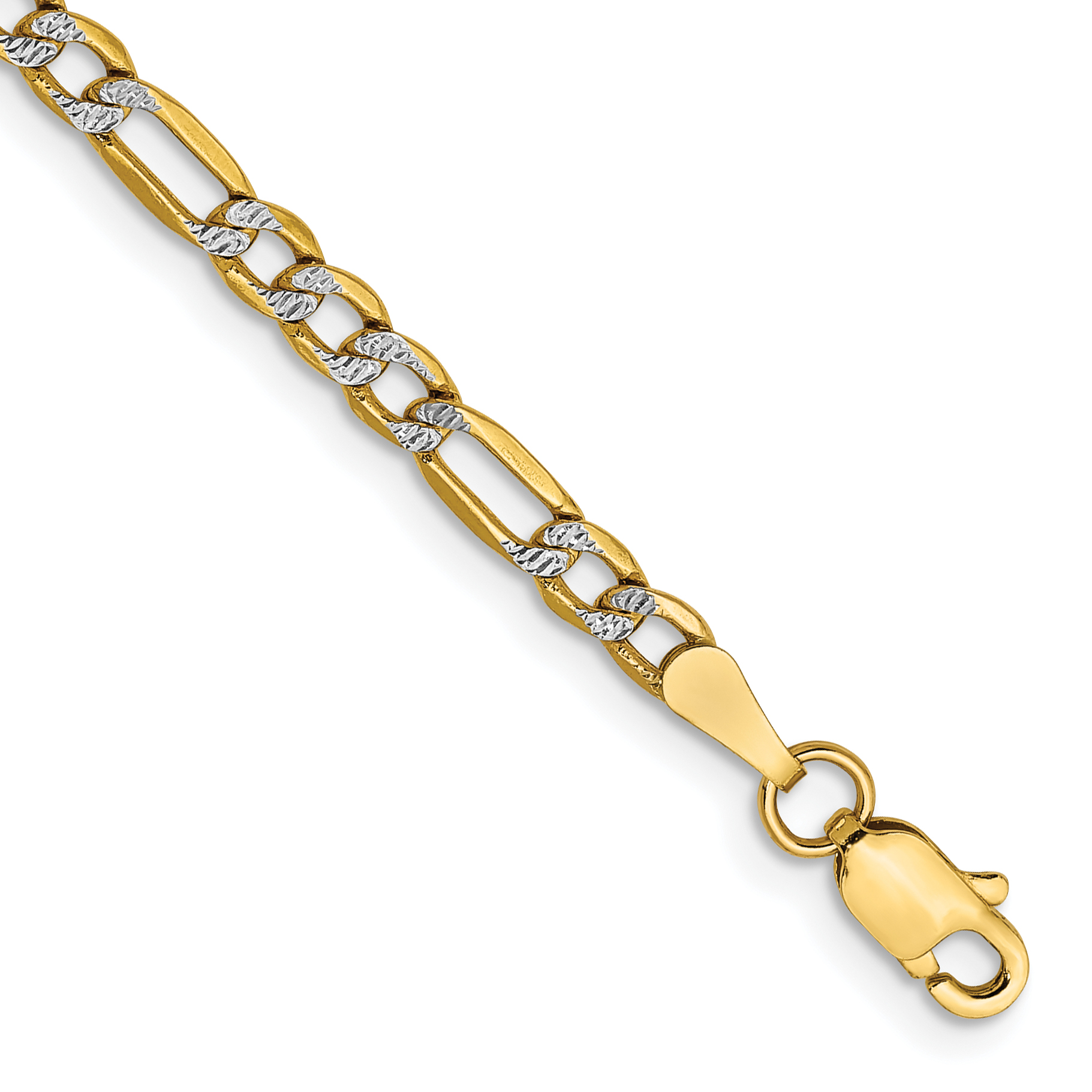 14K 7 inch 3.2mm Semi-Solid with Rhodium PavÃ© Figaro with Lobster Clasp Bracelet (PWC080-7)