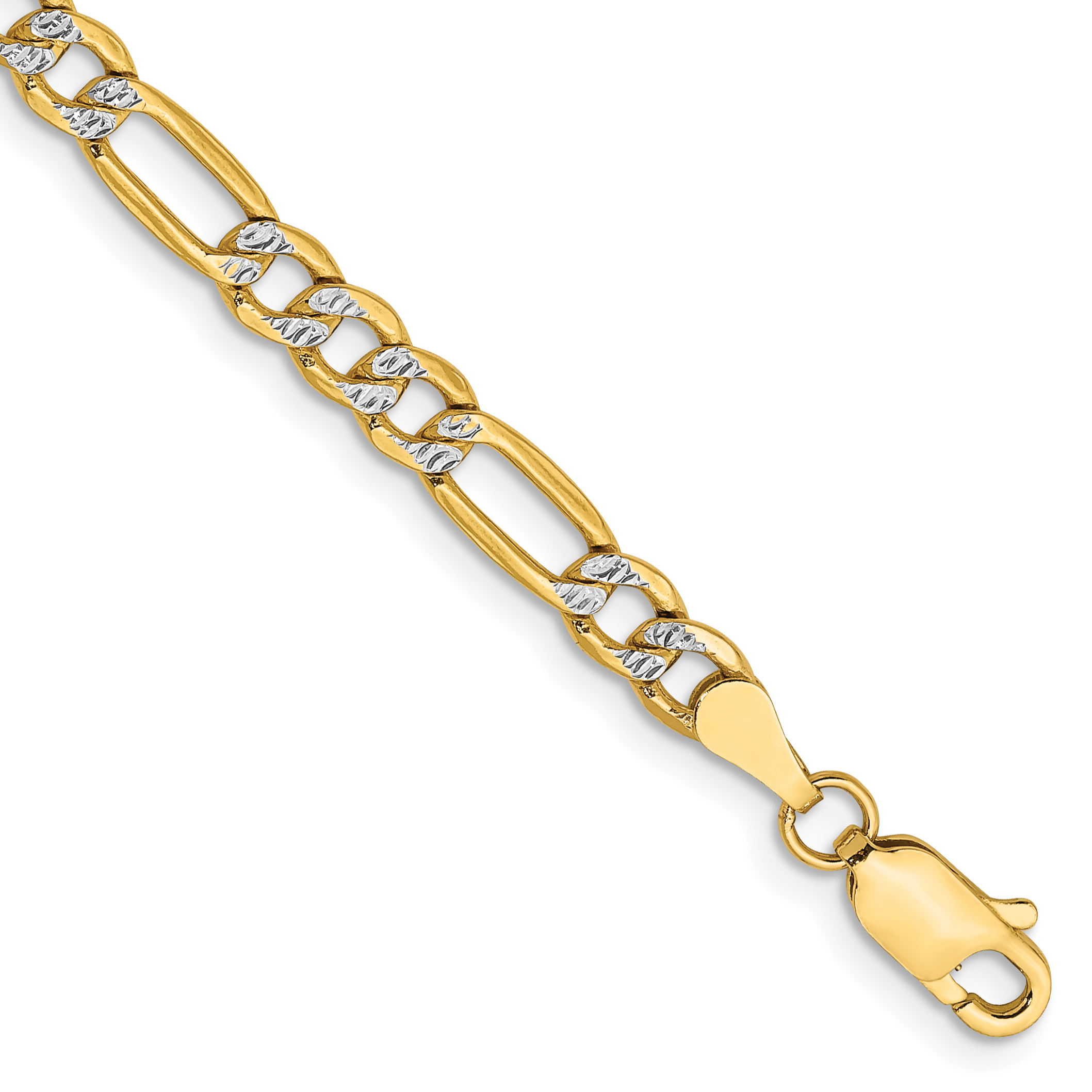 14K 7 inch 3.9mm Semi-Solid with Rhodium PavÃ© Figaro with Lobster Clasp Bracelet (PWC100-7)