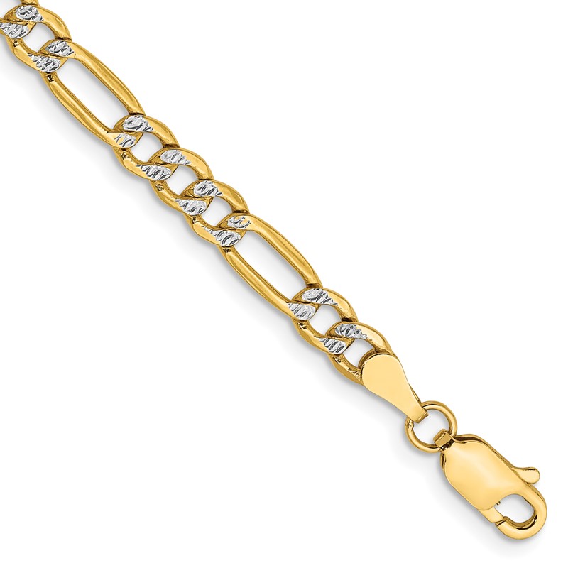 14K 7 inch 3.9mm Semi-Solid with Rhodium Pav Figaro with Lobster Clasp Bracelet