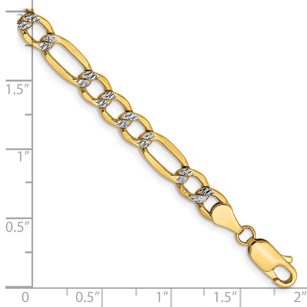 14K 7 inch 5.25mm Semi-Solid with Rhodium PavÃ© Figaro with Lobster Clasp Bracelet (PWC120-7)