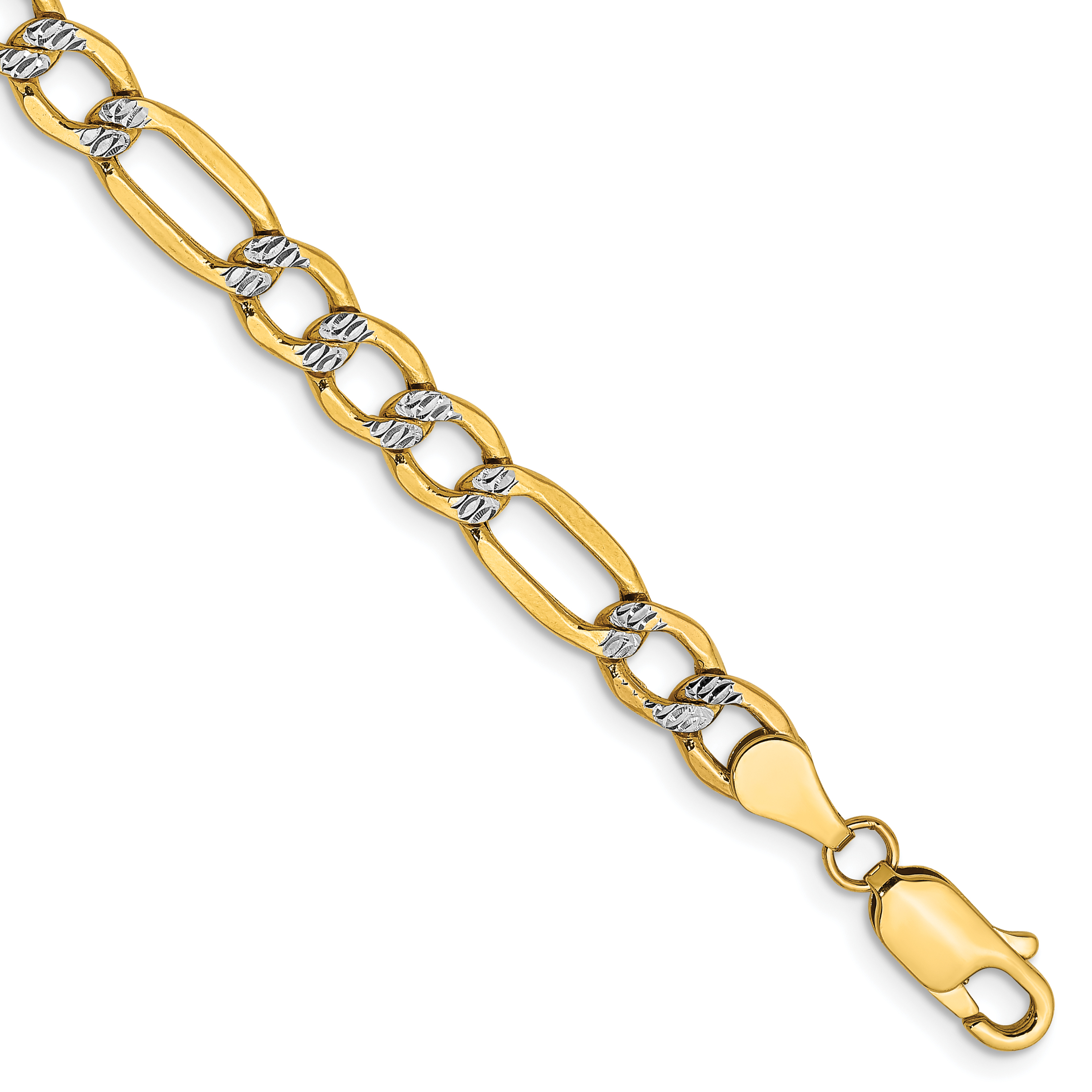 14K 7 inch 5.25mm Semi-Solid with Rhodium PavÃ© Figaro with Lobster Clasp Bracelet (PWC120-7)