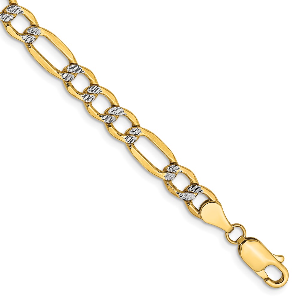 14K 7 inch 5.25mm Semi-Solid with Rhodium PavÃ© Figaro with Lobster Clasp Bracelet (PWC120-7)