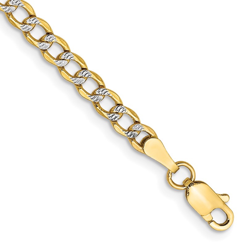 14K 8 inch 3.4mm Semi-Solid with Rhodium Pav Curb with Lobster Clasp Bracelet