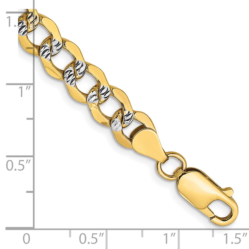 14K 8 inch 6.75mm Semi-Solid with Rhodium PavÃ© Curb with Lobster Clasp Bracelet (PWF150-8)