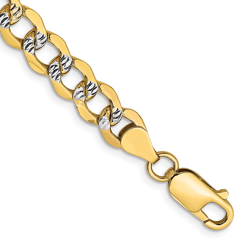 14K 8 inch 6.75mm Semi-Solid with Rhodium Pav Curb with Lobster Clasp Bracelet