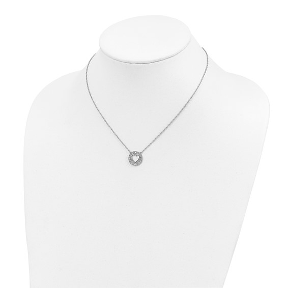 Sterling Silver Polished Diamond Heart in Circle with 2 in ext Necklace