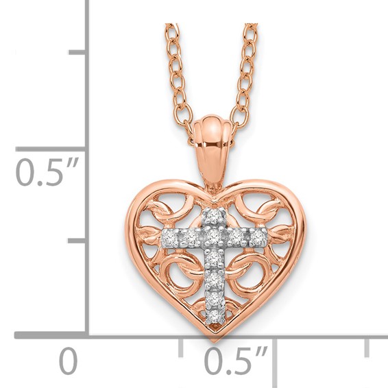 Sterling Silver and Rose-tone with Diamond Cross In Heart Necklace