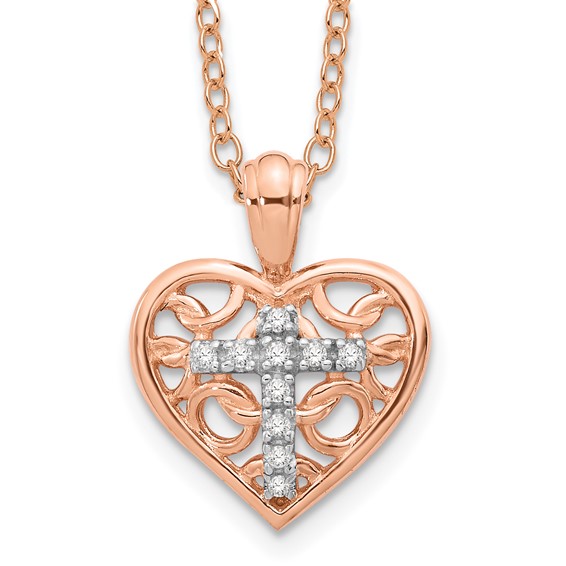 10K Rose Gold Rhod-plated Dia Heart Cross Pendant Rd: 10-200's Dia: S43