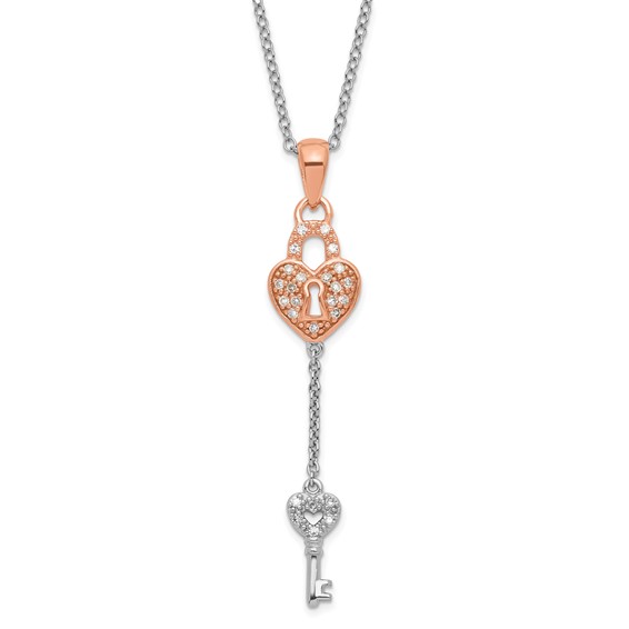 Sterling Silver & RG-Plated Diamond Heart & Key Pendant Necklace
