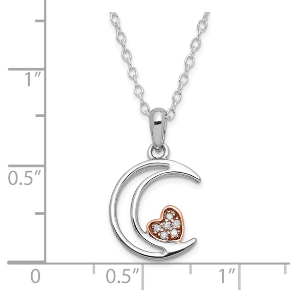Sterling Silver w/ 10k Rose Accent Diamond Heart Moon Necklace