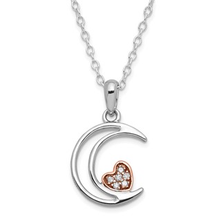 Sterling Silver w/ 10k Rose Accent Diamond Heart Moon Necklace