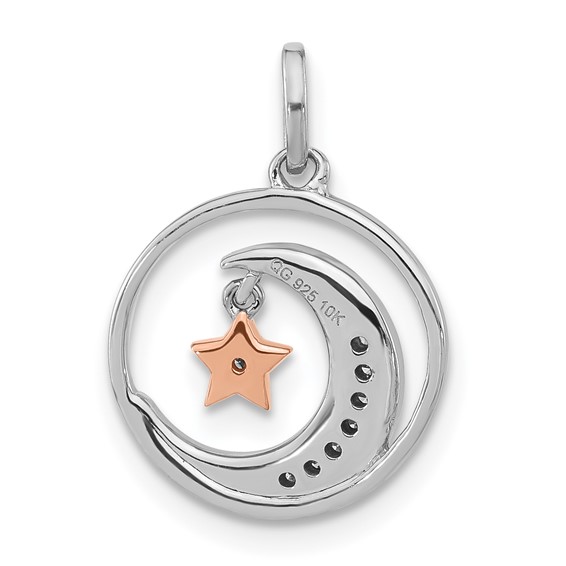 Sterling Silver w/ 10k Rose Accent Diamond Star & Moon Pendant