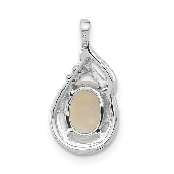 10k White Gold Oval Created Opal & Diamond Teardrop Chain Slide Pendant