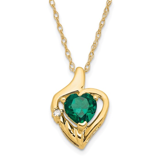 10ky Polished Created Emerald & Diamond Heart Necklace